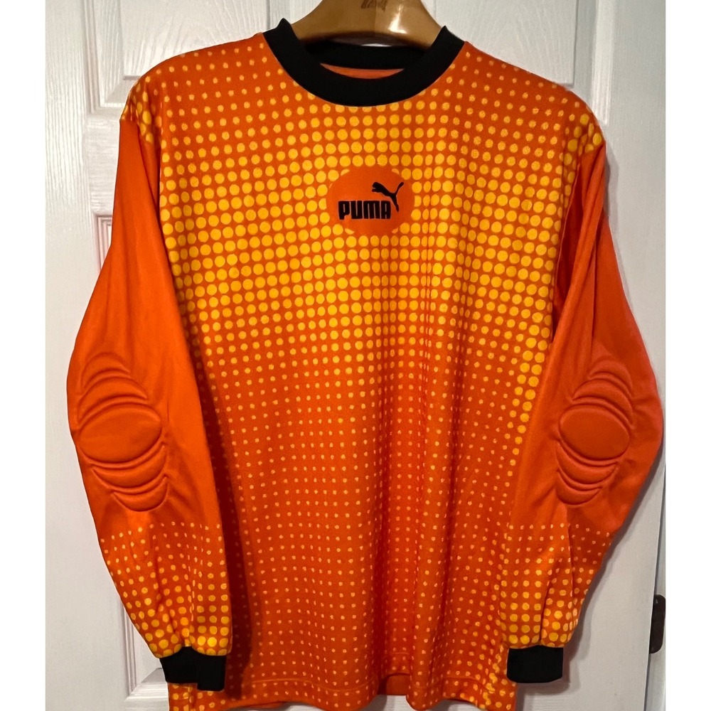 Puma Mens XL Orange Yellow Polka Dot Padded Goalkeeper Soccer Jersey